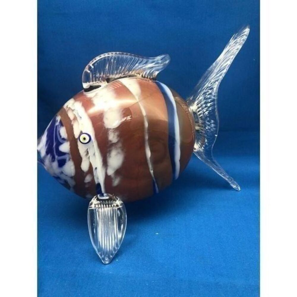 art glass fish large 7” autographed brown/blue  vintage